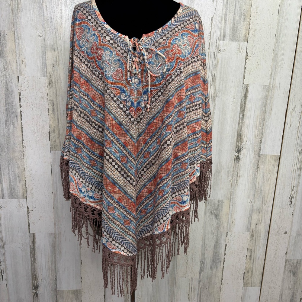 Avenue Plus Size Bohemian Lightweight Multicolor Poncho with Fringe
